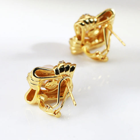 Twisting Square Zirconia Pearl Gold Stud Earrings – Vintage Luxury